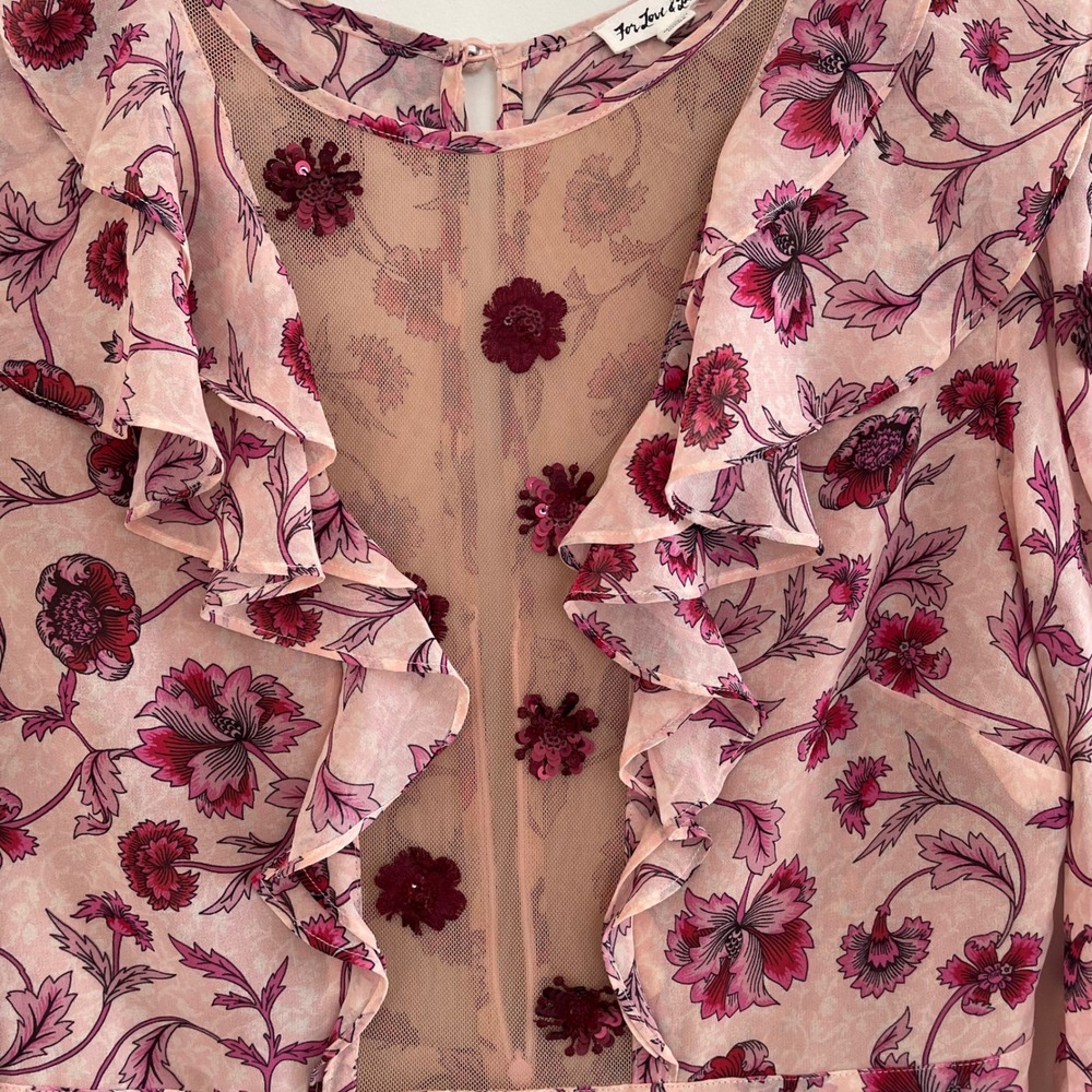 For Love and Lemons Floral Mesh Ruffle Agnes Mini Dress Pink Burgundy Sleeve L - Picture 15 of 16